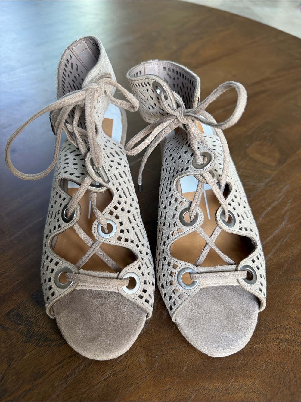Dolce Vita Taupe Lace-Up Perforated Faux Suede Heels Sz 7